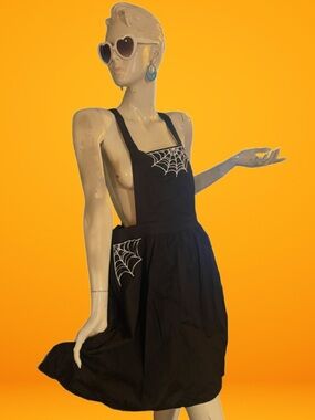 NWT* Modcloth Black overall Dress with White Spiderweb Embroidery and pockets